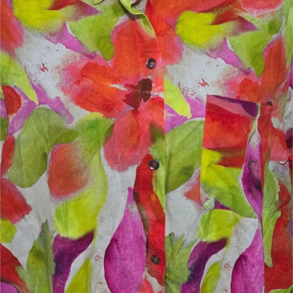 Sunny Leigh Watercolor Floral Linen Blend‎ Button Down Shirt Plus Size 2X New!